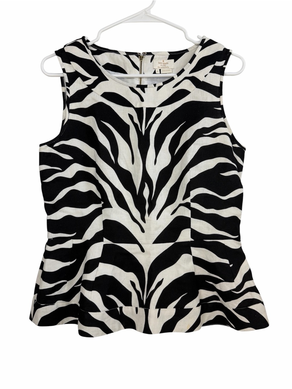 Kate Spade New York Randi Zebra Print Peplum Top Black White Size 8